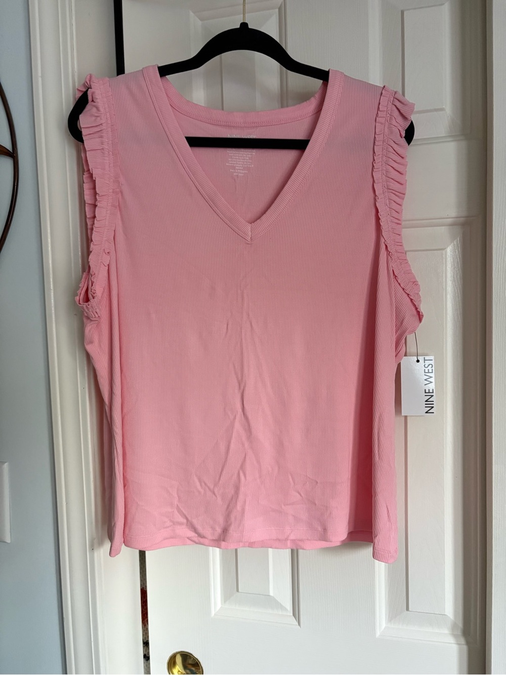 Nine West Pink Ribbed V-Neck Tank with Ruffle Trim